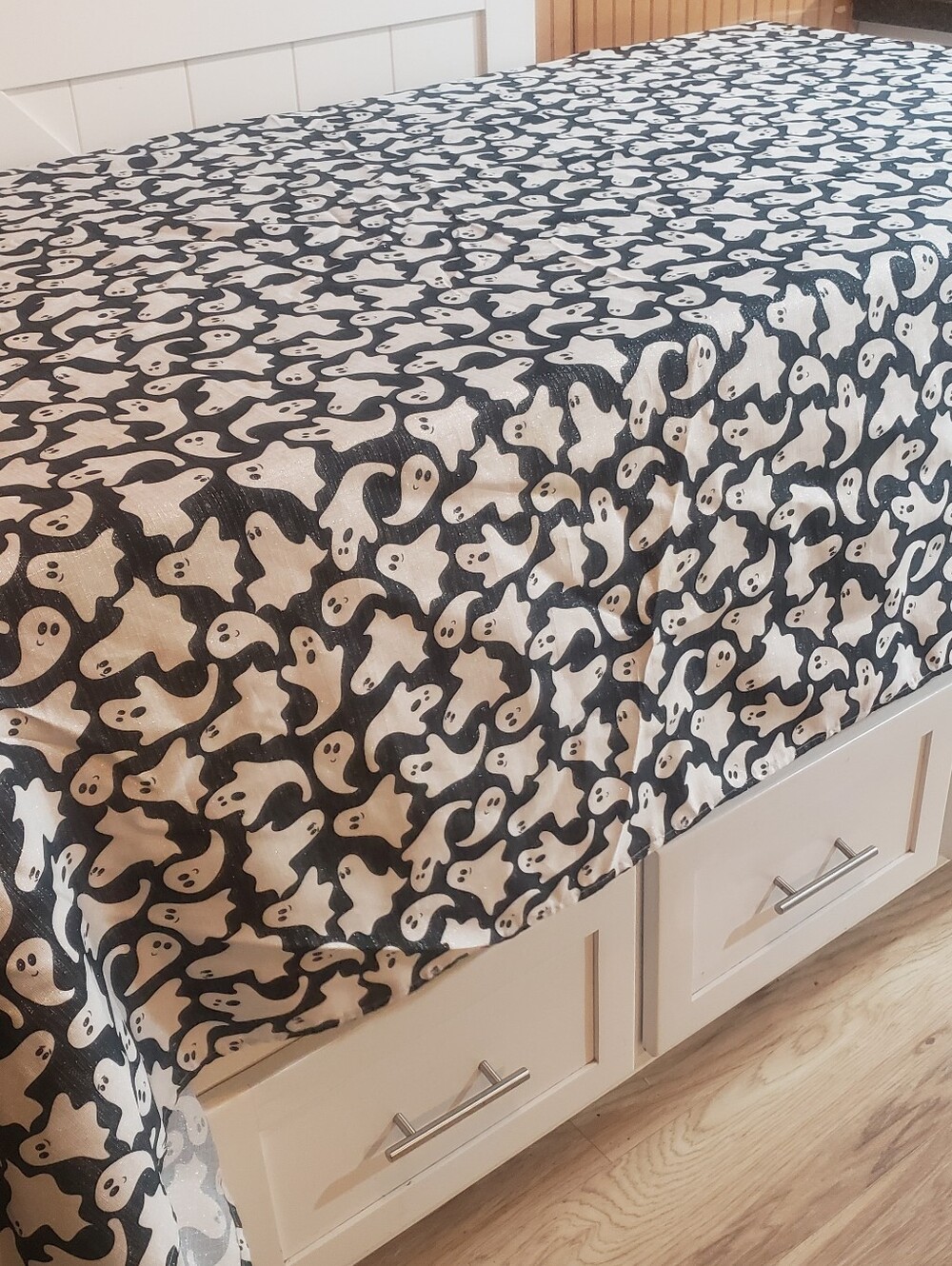 Halloween Table Cover Black With Metallic Sparkles, Little White Ghosts 103inx58